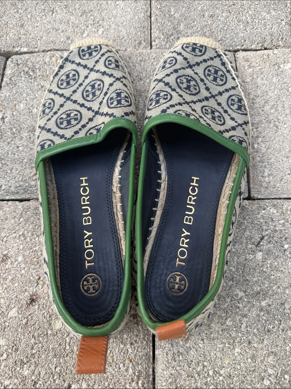 Tory Burch Navy Logo Canvas Espadrilles with Green Trim